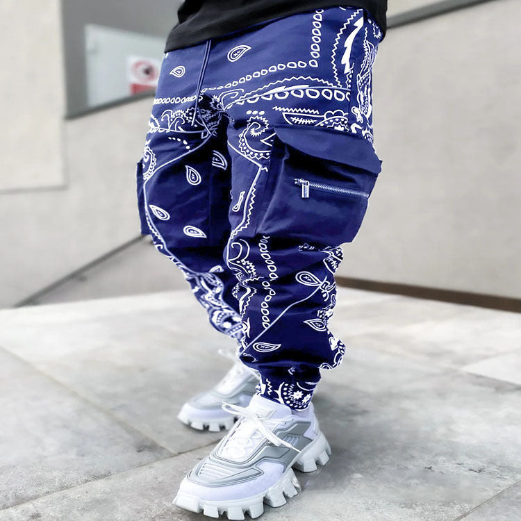 Men’s Print Trousers Loose Bloomers Casual Wide-Leg Harem Pants - Navy / S