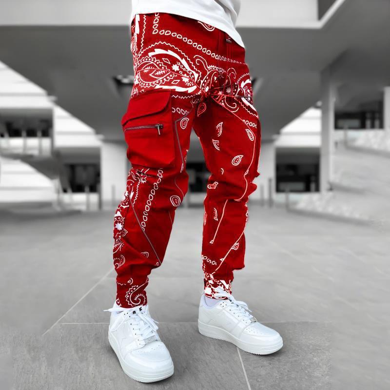 Men’s Print Trousers Loose Bloomers Casual Wide-Leg Harem Pants - Red / S