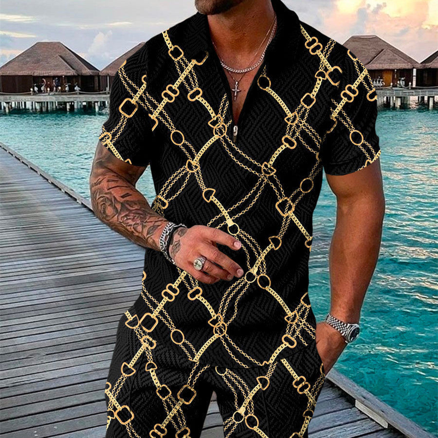 Men’s Summer Fashion 3D Printed Short Sleeve Geometric Zip Lapel Shirt Set