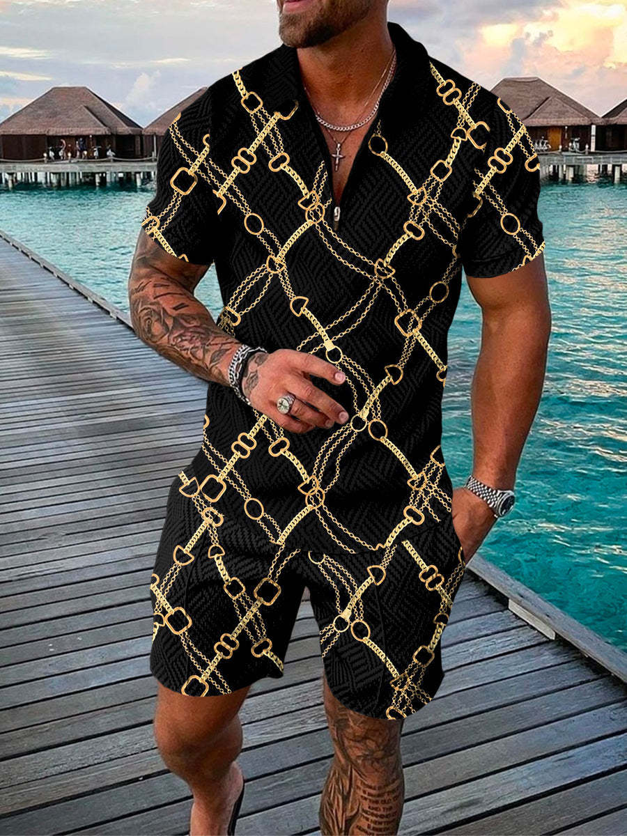 Men’s Summer Fashion 3D Printed Short Sleeve Geometric Zip Lapel Shirt Set - Black / S