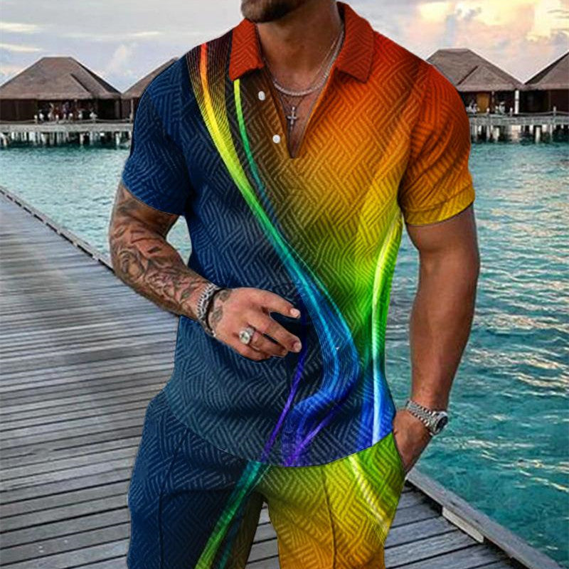 Men’s Summer Fashion 3D Printed Short Sleeve Geometric Zip Lapel Shirt Set