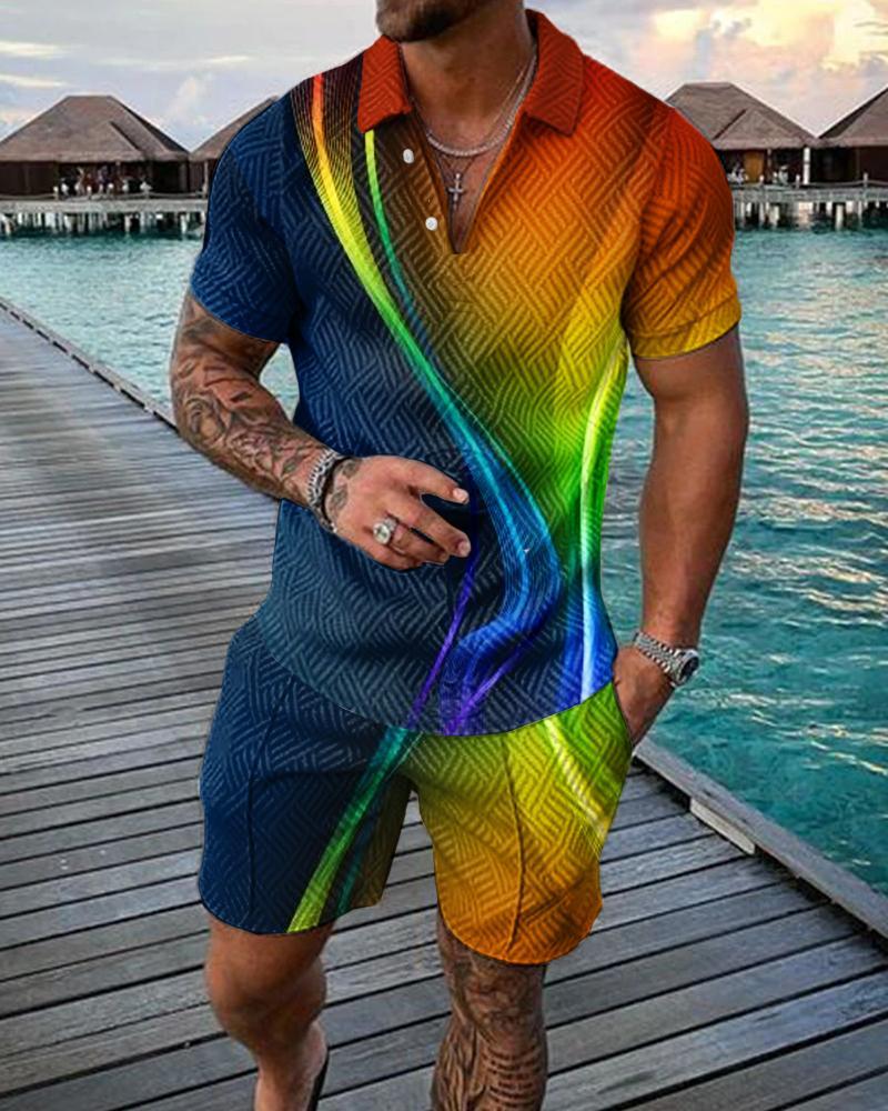 Men’s Summer Fashion 3D Printed Short Sleeve Geometric Zip Lapel Shirt Set - Photo Color / S