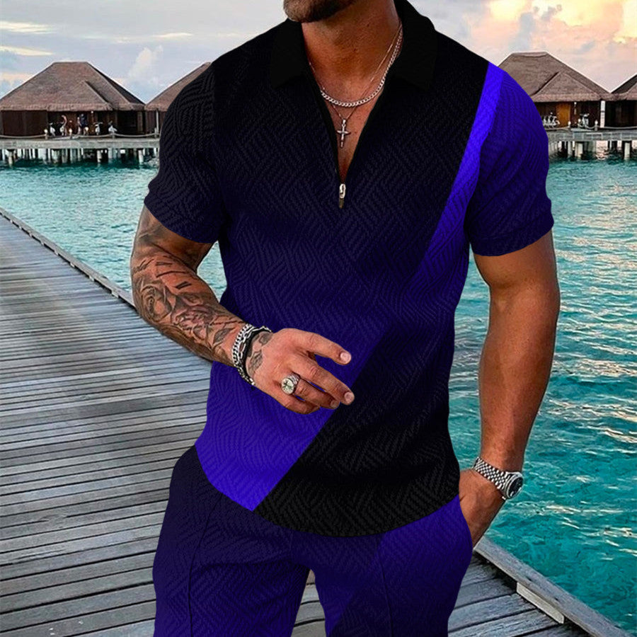 Men’s Summer Fashion 3D Printed Short Sleeve Geometric Zip Lapel Shirt Set
