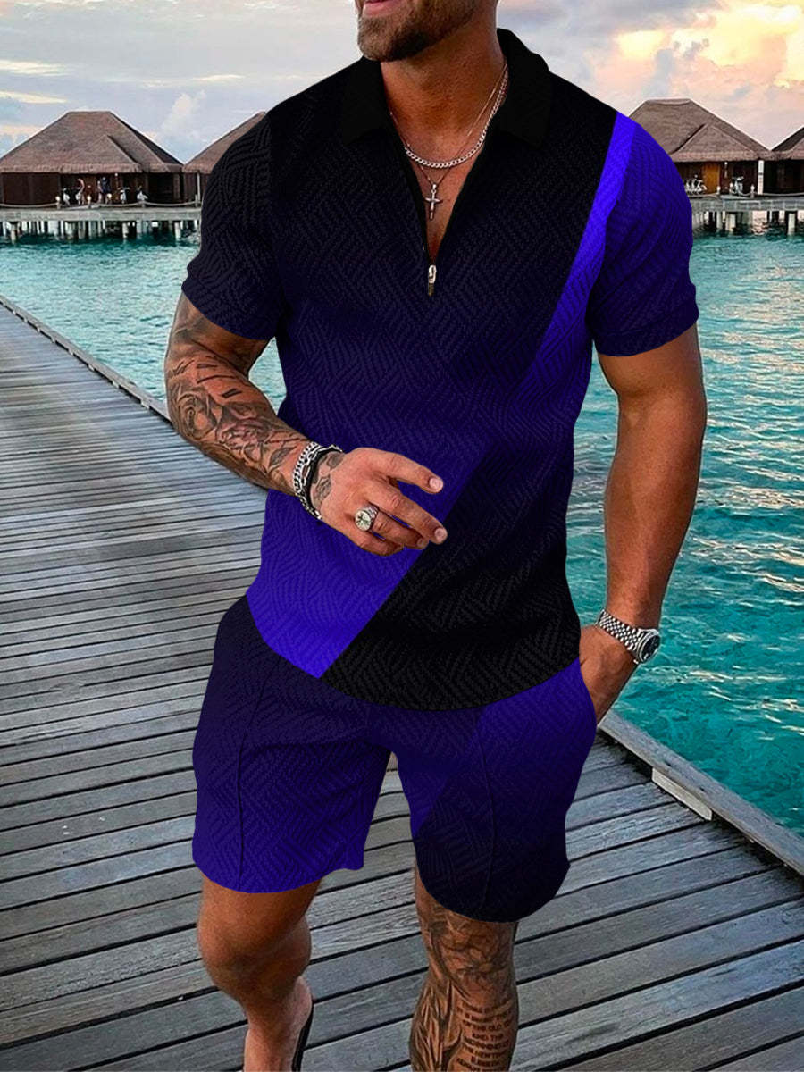 Men’s Summer Fashion 3D Printed Short Sleeve Geometric Zip Lapel Shirt Set - Black blue / S