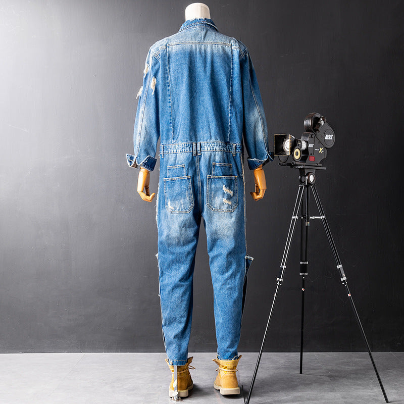 Men’s Denim Hip Hop Ripped Wash Cargo Jumpsuit