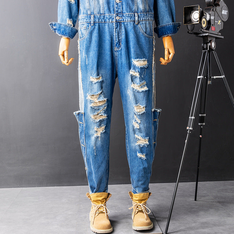 Men’s Denim Hip Hop Ripped Wash Cargo Jumpsuit