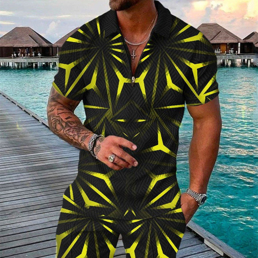 Men’s Summer Fashion 3D Printed Short Sleeve Geometric Zip Lapel Shirt Set