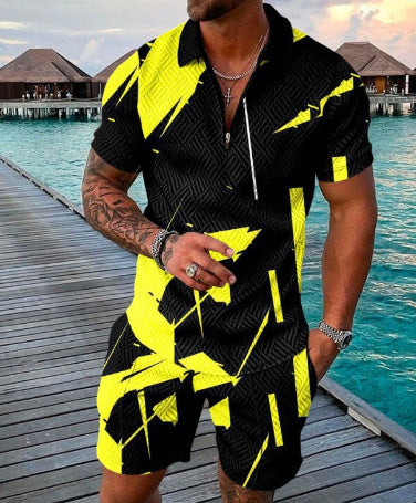 Men’s Summer Fashion 3D Printed Short Sleeve Geometric Zip Lapel Shirt Set - DXPOLOZT50 / 3XL