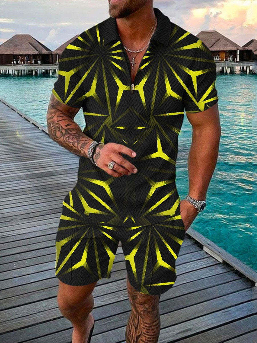 Men’s Summer Fashion 3D Printed Short Sleeve Geometric Zip Lapel Shirt Set - Black green / S