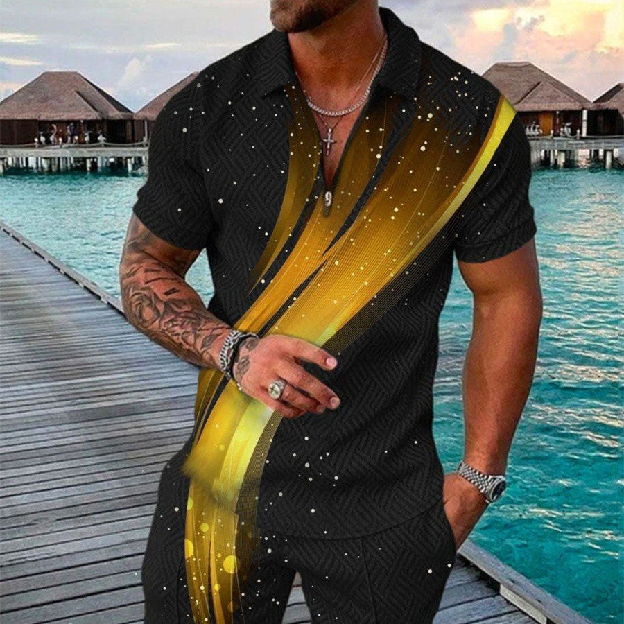Men’s Summer Fashion 3D Printed Short Sleeve Geometric Zip Lapel Shirt Set