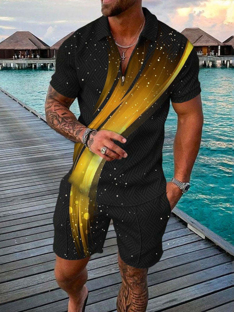 Men’s Summer Fashion 3D Printed Short Sleeve Geometric Zip Lapel Shirt Set - Black / S