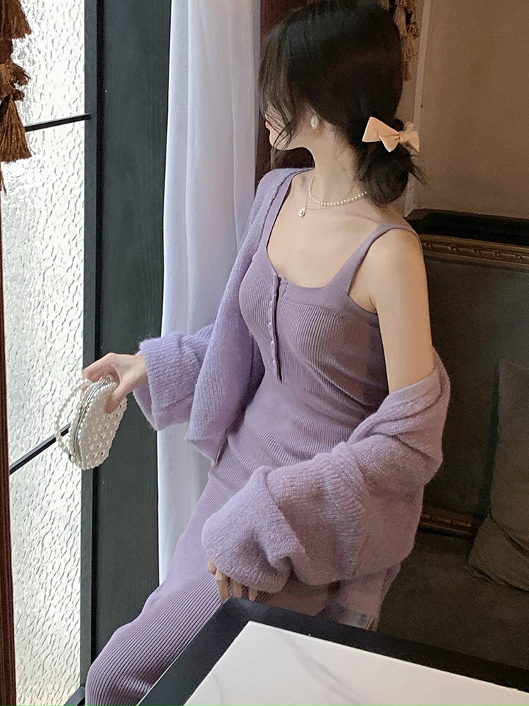 Hip Wrapped Purple Knitted Dress Cardigan Two-piece Suit