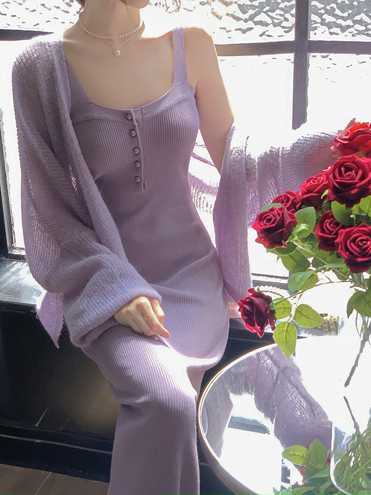 Hip Wrapped Purple Knitted Dress Cardigan Two-piece Suit