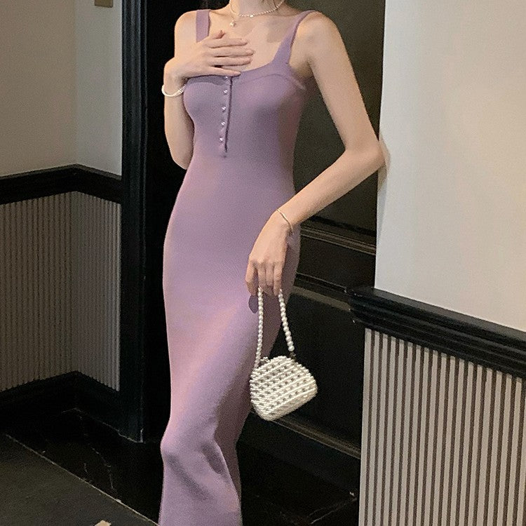 Hip Wrapped Purple Knitted Dress Cardigan Two-piece Suit - Purple / S