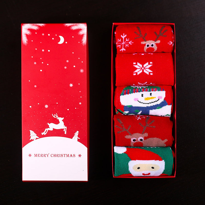 Christmas Pure Cotton Medium Tube Socks Gift Box - Red series