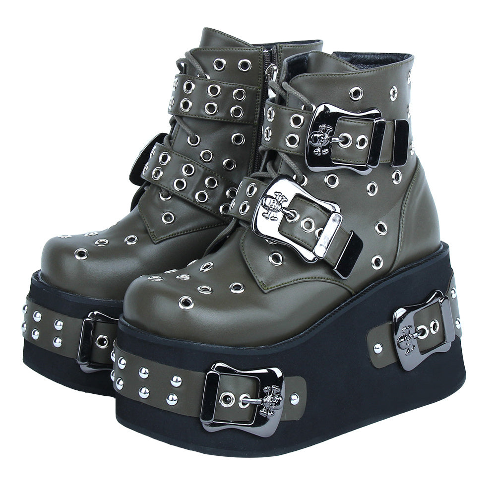 Hollow Punched Thick Sole Short Boots - Army Green / 34