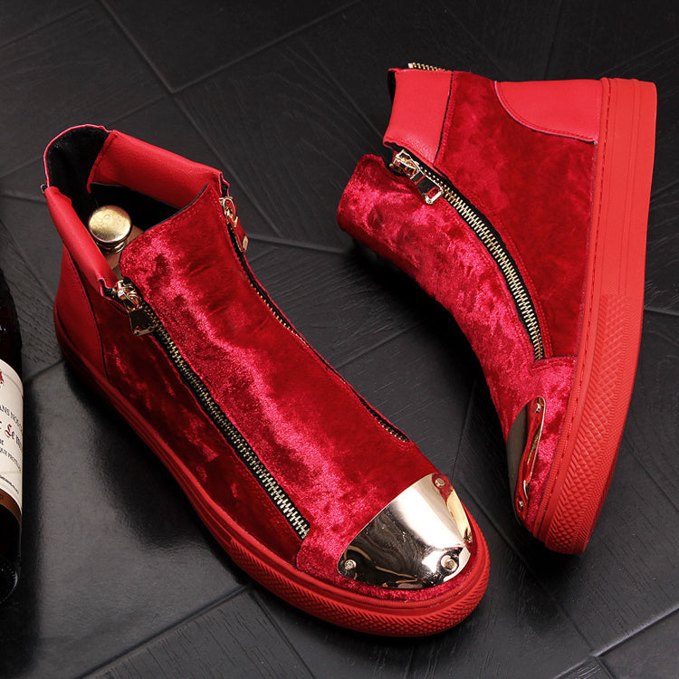 Red velvet high-top sneakers with gold accents from Hong Kong European Station high-end fashion online