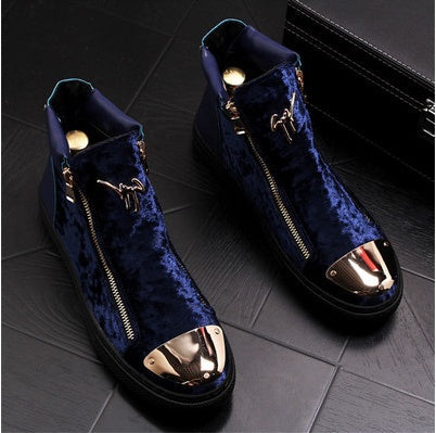 Blue velvet high-top sneakers with gold accents from Hong Kong European Station New Plus luxury fashion for all