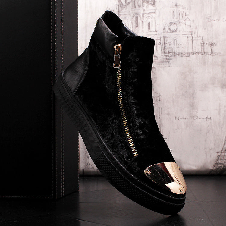 Black velvet high-top sneaker with gold accents from Hong Kong European Station luxury fashion for all