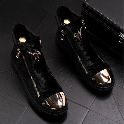 Black velvet high-top sneakers with gold accents from Hong Kong European Station New Plus luxury fashion for all