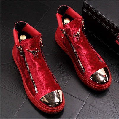 Red velvet high-top sneakers with gold accents from Hong Kong European Station luxurious fashion for all