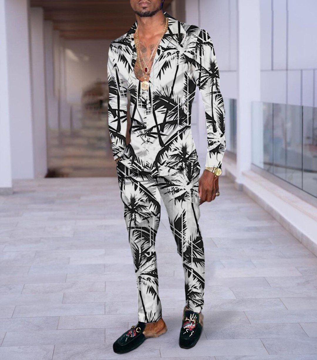 Hip Hop Hong Kong Style Fashion 3D Printing Casual Long Sleeve Shirt Suit - Black white / M