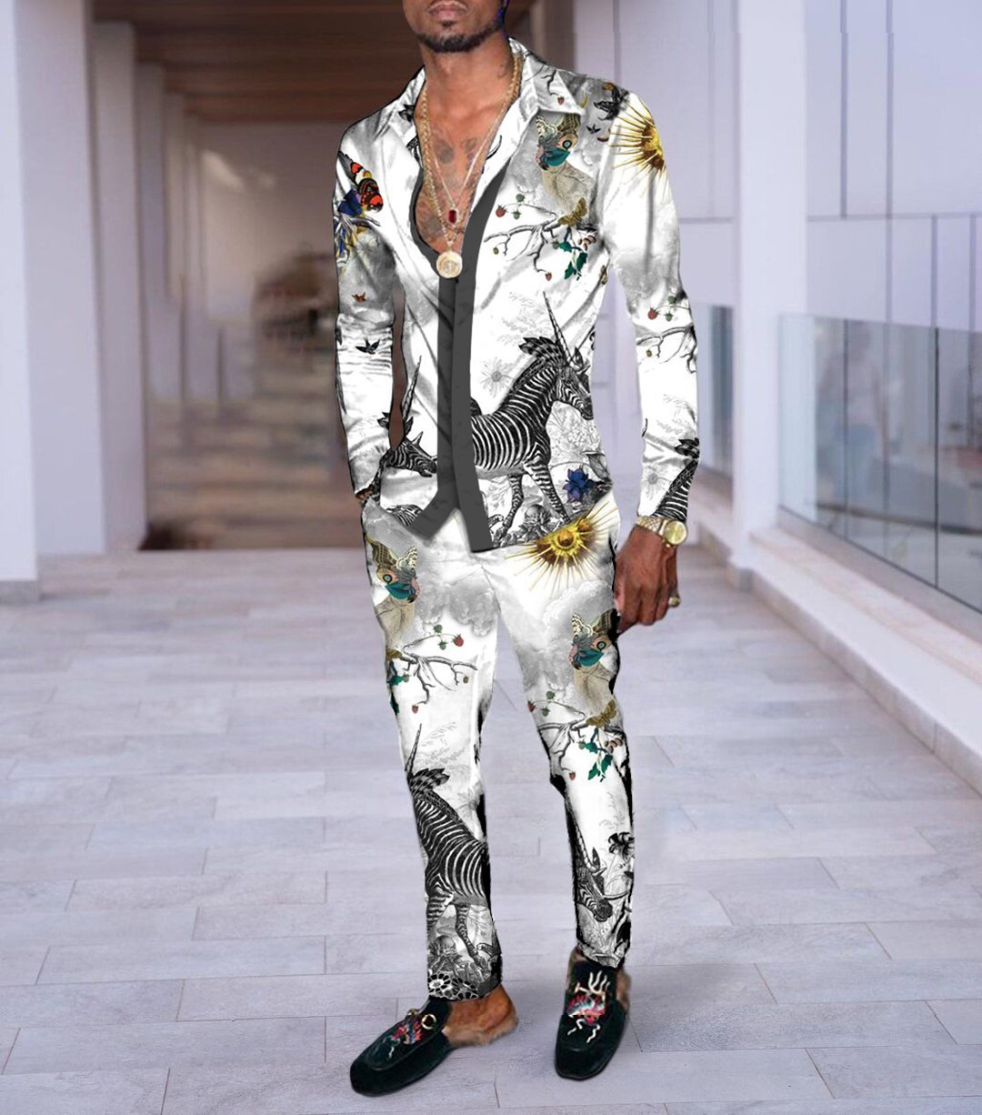 Hip Hop Hong Kong Style Fashion 3D Printing Casual Long Sleeve Shirt Suit - Black white / M