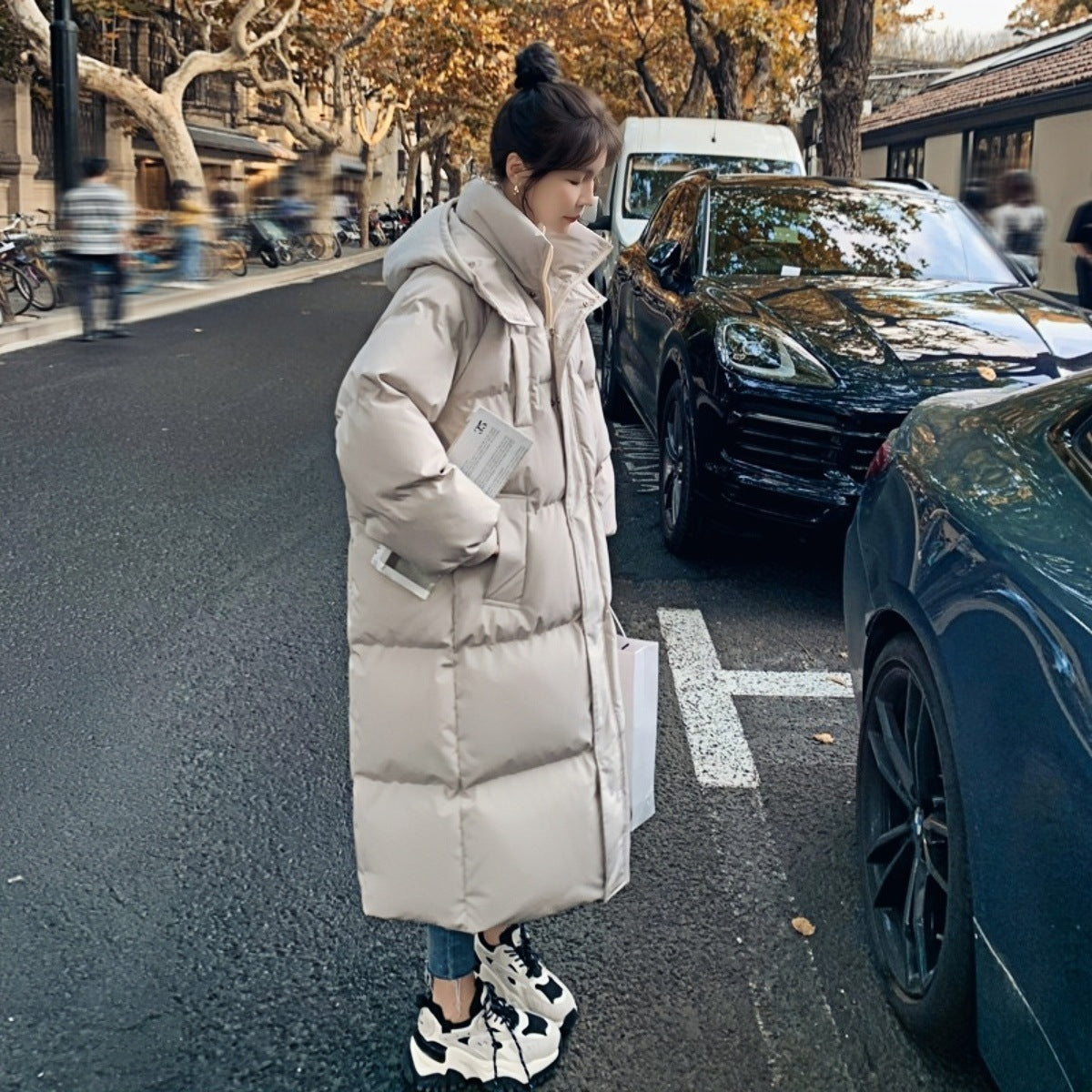 Winter New Mid-length Loose Hong Kong Style Bread Coat Cotton-padded Coat - Beige White / S