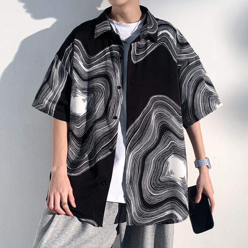 Summer Menswear Shirt Hong Kong Style Fashionable Temperament Short Sleeve - Black / M