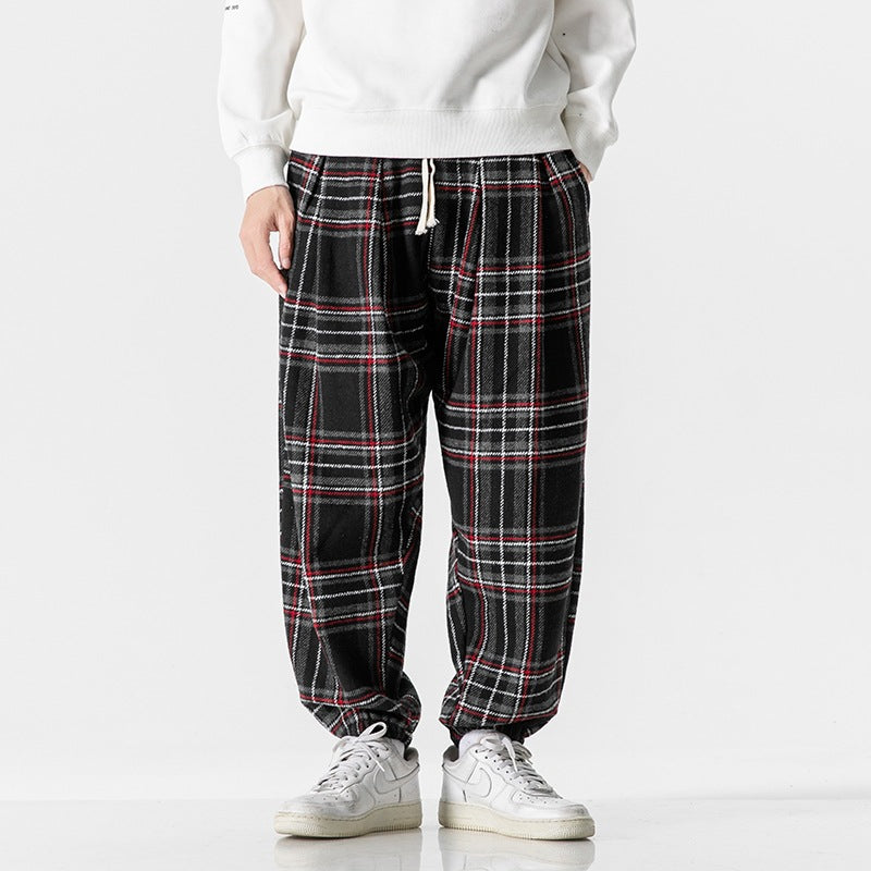 Hong Kong Style Plus Size Woolen Casual Harlan Plaid Pants - Black / M