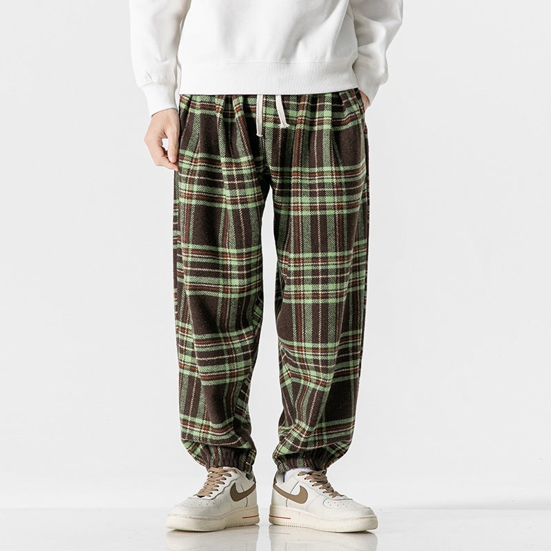 Hong Kong Style Plus Size Woolen Casual Harlan Plaid Pants - Green / M