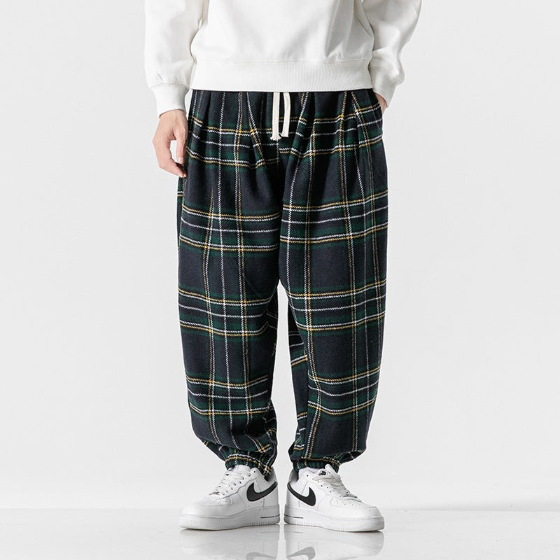 Hong Kong Style Plus Size Woolen Casual Harlan Plaid Pants - Navy Blue / M