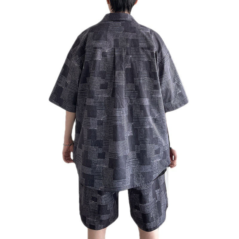 Five-point Shirt Retro Hong Kong Style Trendy Handsome Two-piece Suit - Black / M
