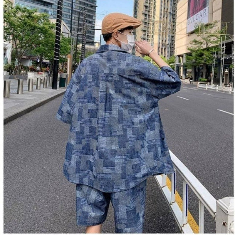 Five-point Shirt Retro Hong Kong Style Trendy Handsome Two-piece Suit - Blue / M