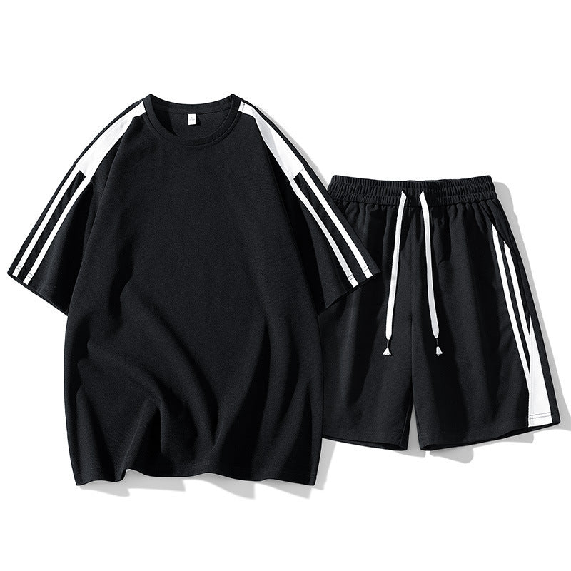 Hong Kong Style Loose Round Neck Short Sleeve Shorts 2-piece Set Leisure Sports Suit Men - Black / M