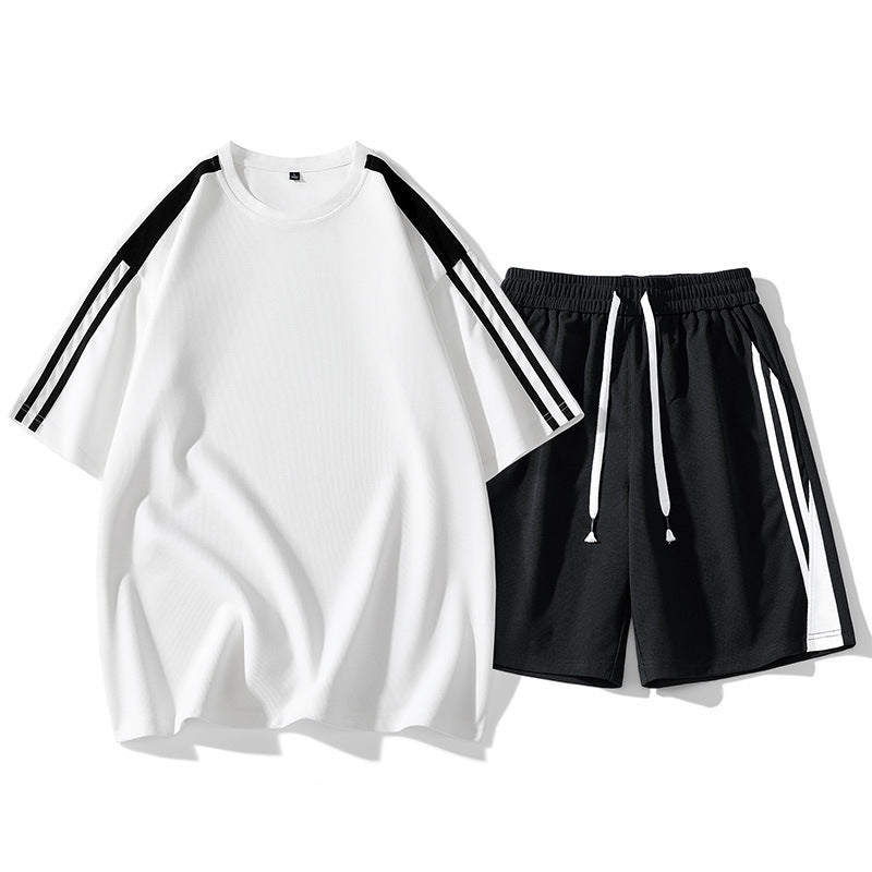 Hong Kong Style Loose Round Neck Short Sleeve Shorts 2-piece Set Leisure Sports Suit Men - White / M