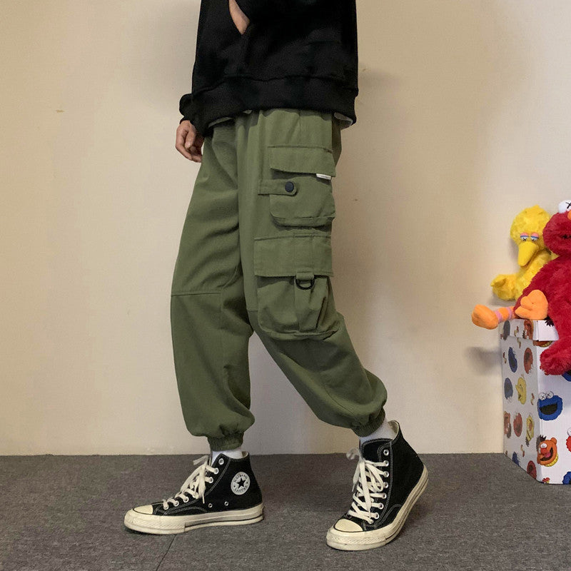 Early Spring Men’s Casual Pants Hong Kong Ctyle Loose Big Pocket Tooling Straight Leg Pants Korean Style Trend Wild