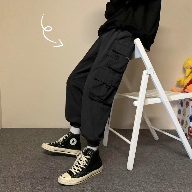 Early Spring Men’s Casual Pants Hong Kong Ctyle Loose Big Pocket Tooling Straight Leg Pants Korean Style Trend Wild