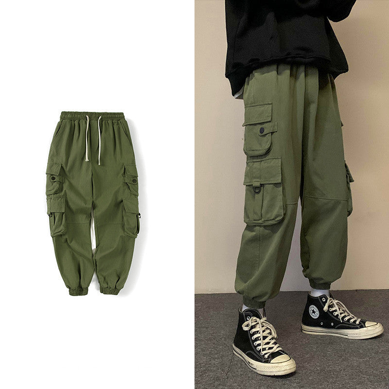 Early Spring Men’s Casual Pants Hong Kong Ctyle Loose Big Pocket Tooling Straight Leg Pants Korean Style Trend Wild