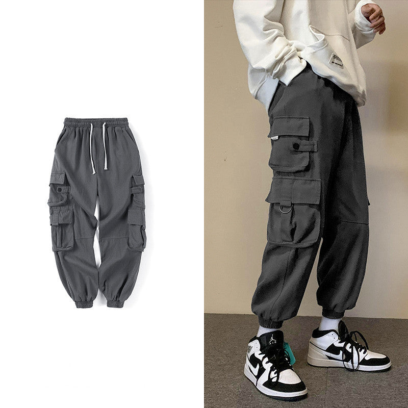 Early Spring Men’s Casual Pants Hong Kong Ctyle Loose Big Pocket Tooling Straight Leg Pants Korean Style Trend Wild