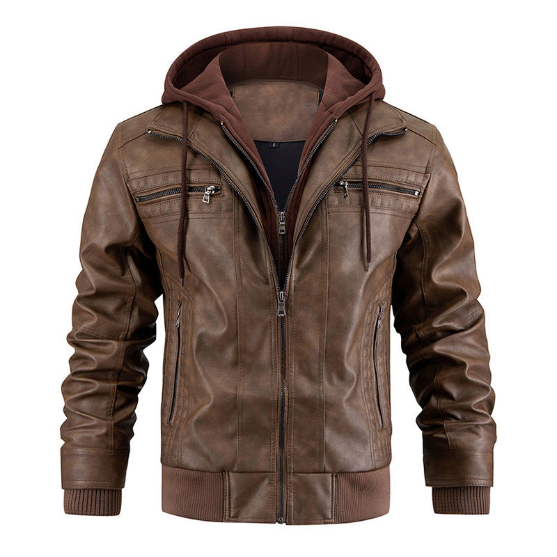 Hooded Jacket With Zipper Pockets Fashion Warm Pu Leather Coat Mens Clothing - Brown / S