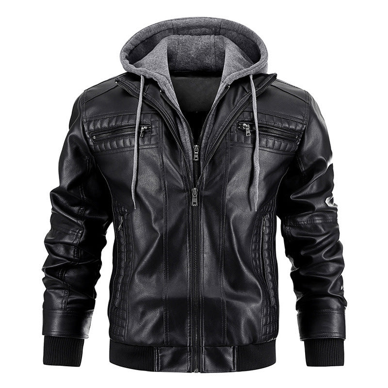 Hooded Jacket With Zipper Pockets Fashion Warm Pu Leather Coat Mens Clothing - Black / S