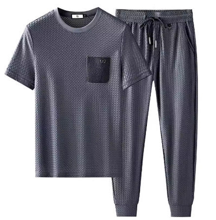 Summer Thin Ice Silk Houndstooth Leisure Sports Suit - Gray Suit / M