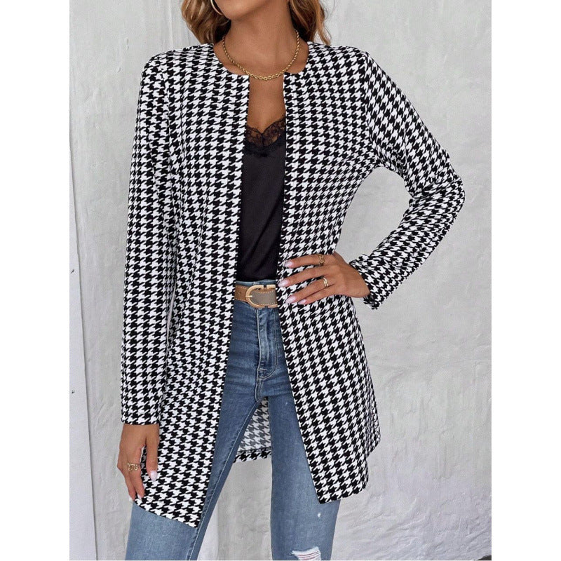 Women’s Clothing Houndstooth Long Coat