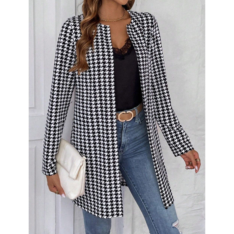 Women’s Clothing Houndstooth Long Coat