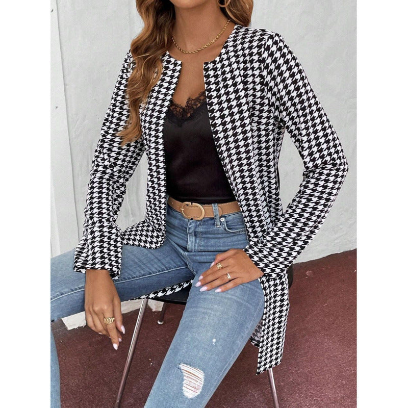 Women’s Clothing Houndstooth Long Coat - Color / S