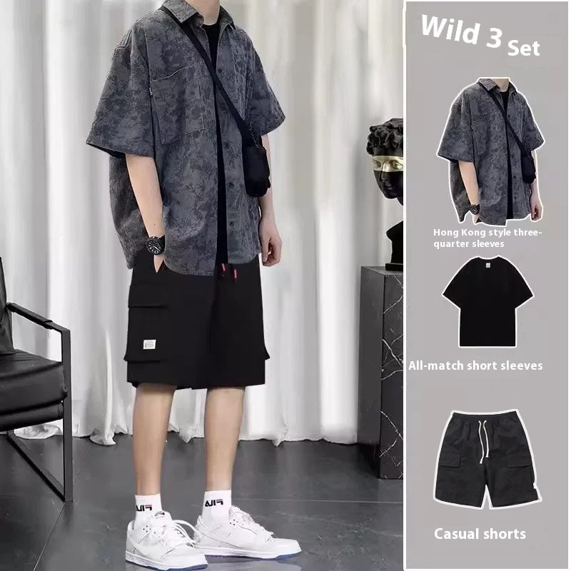 Summer Hong Kong Style Short Sleeve Shirt Coat Shorts Three-piece Suit - Black Short T Three Pieces / S