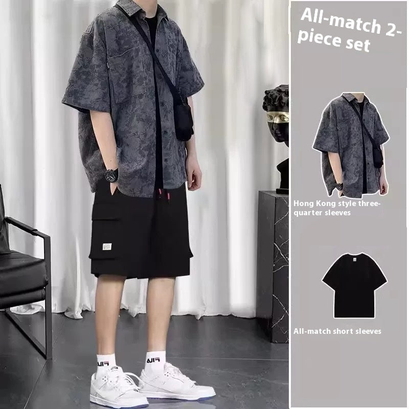 Summer Hong Kong Style Short Sleeve Shirt Coat Shorts Three-piece Suit - Shirt Black Short T Two Pieces / S