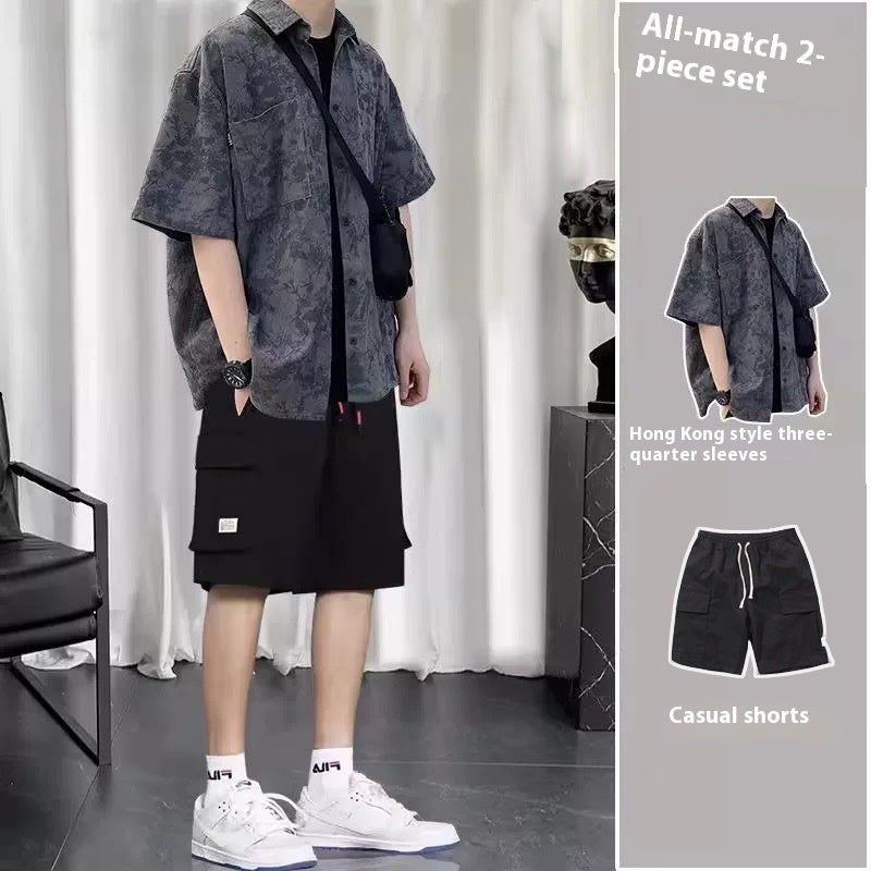 Summer Hong Kong Style Short Sleeve Shirt Coat Shorts Three-piece Suit - Shirt Shorts Two Pieces / S