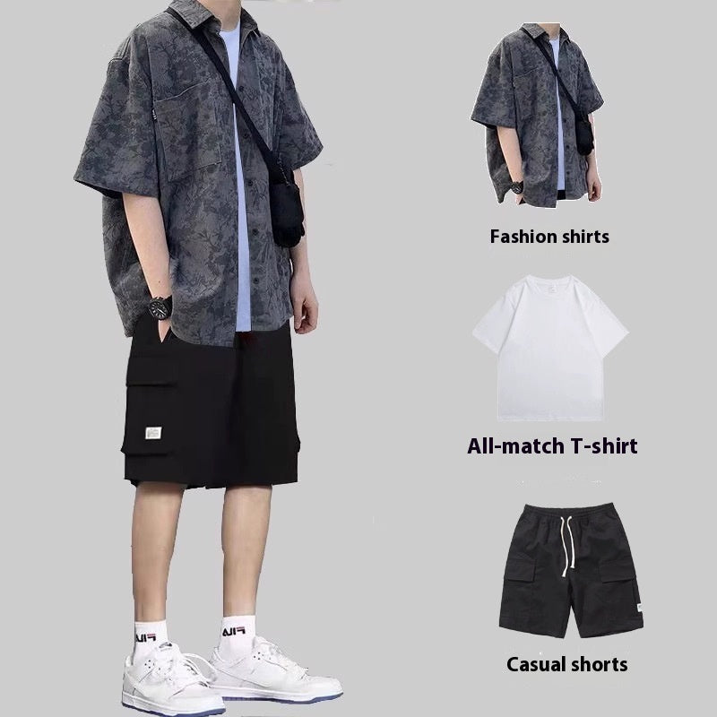 Summer Hong Kong Style Short Sleeve Shirt Coat Shorts Three-piece Suit - White Short T Three Pieces / S